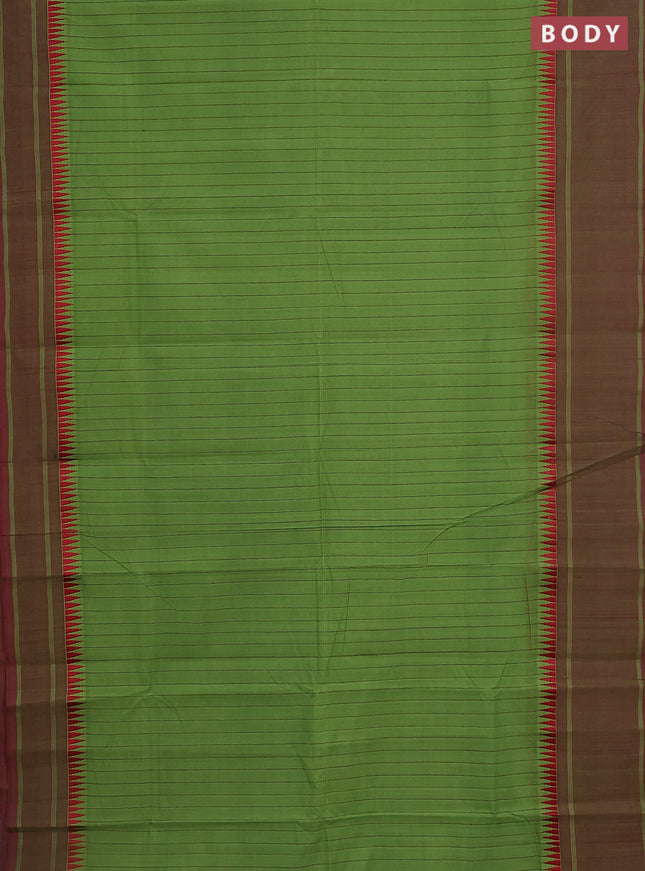 Mangalgiri cotton saree green and maroon with allover stripe pattern and temple design long rettapet border