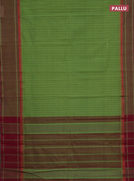 Mangalgiri cotton saree green and maroon with allover stripe pattern and temple design long rettapet border