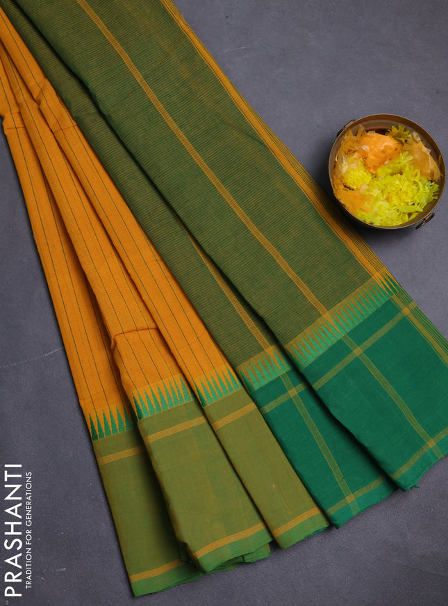 Mangalgiri cotton saree mustard yellow and green with allover stripe pattern and temple design long rettapet border