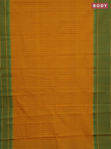 Mangalgiri cotton saree mustard yellow and green with allover stripe pattern and temple design long rettapet border