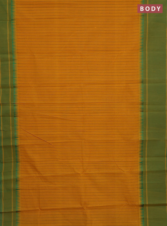 Mangalgiri cotton saree mustard yellow and green with allover stripe pattern and temple design long rettapet border