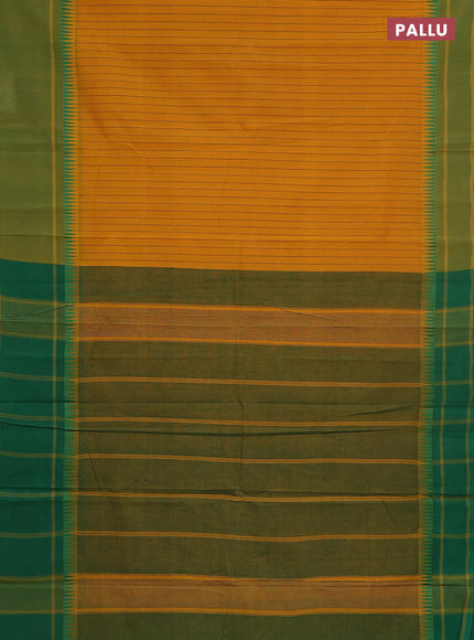 Mangalgiri cotton saree mustard yellow and green with allover stripe pattern and temple design long rettapet border