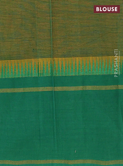 Mangalgiri cotton saree mustard yellow and green with allover stripe pattern and temple design long rettapet border