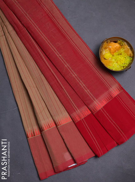 Mangalgiri cotton saree sandal and red with allover stripe pattern and temple design long rettapet border