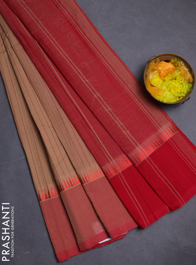Mangalgiri cotton saree sandal and red with allover stripe pattern and temple design long rettapet border