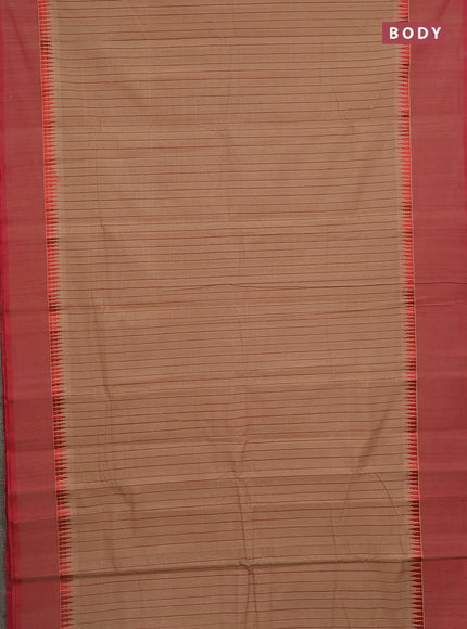 Mangalgiri cotton saree sandal and red with allover stripe pattern and temple design long rettapet border