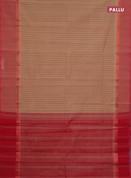 Mangalgiri cotton saree sandal and red with allover stripe pattern and temple design long rettapet border
