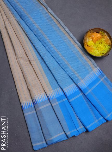 Mangalgiri cotton saree beige and cs blue with allover stripe pattern and temple design long rettapet border