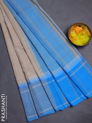 Mangalgiri cotton saree beige and cs blue with allover stripe pattern and temple design long rettapet border