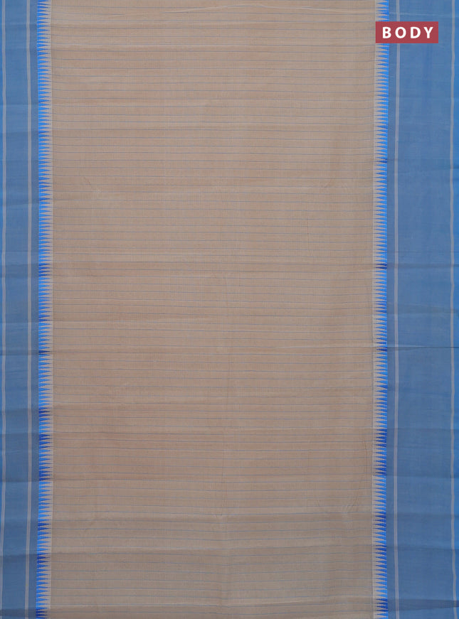 Mangalgiri cotton saree beige and cs blue with allover stripe pattern and temple design long rettapet border