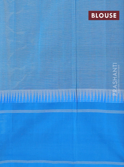 Mangalgiri cotton saree beige and cs blue with allover stripe pattern and temple design long rettapet border