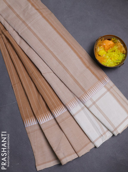 Mangalgiri cotton saree sandal and beige with allover stripe pattern and temple design long rettapet border