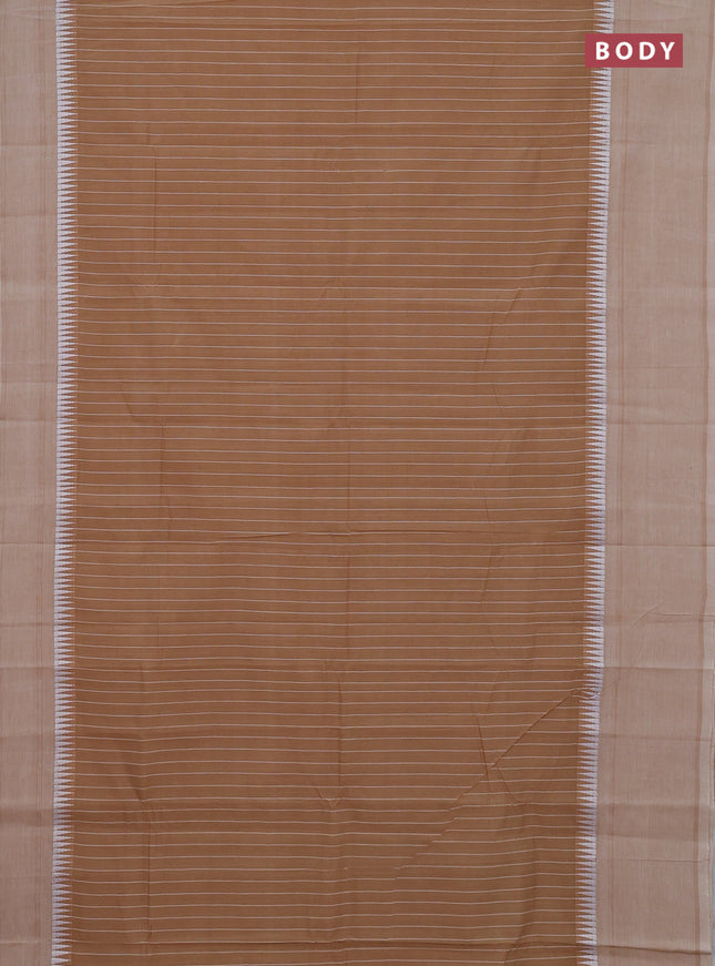 Mangalgiri cotton saree sandal and beige with allover stripe pattern and temple design long rettapet border