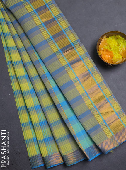 Mangalgiri cotton saree multi colour and blue with allover checked pattern and zari woven border
