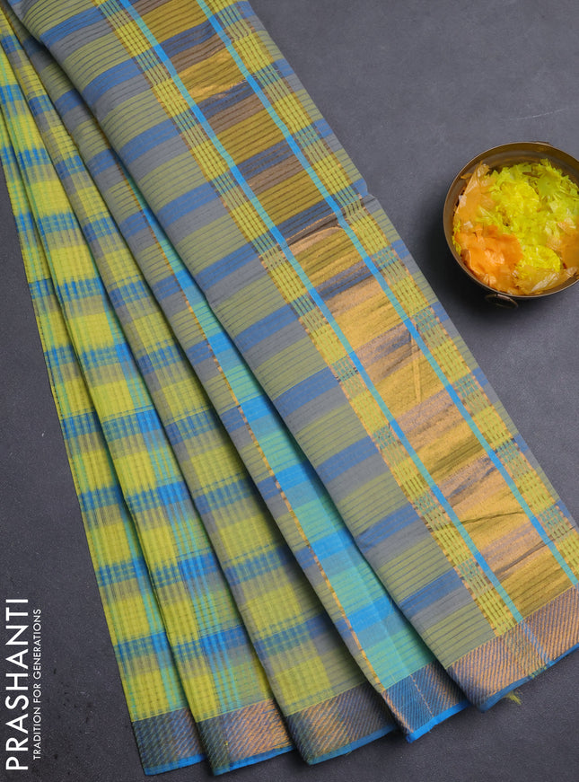 Mangalgiri cotton saree multi colour and blue with allover checked pattern and zari woven border