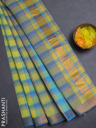 Mangalgiri cotton saree multi colour and blue with allover checked pattern and zari woven border