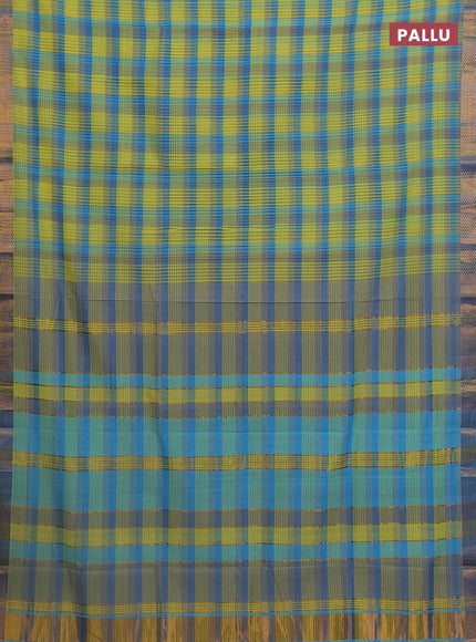 Mangalgiri cotton saree multi colour and blue with allover checked pattern and zari woven border