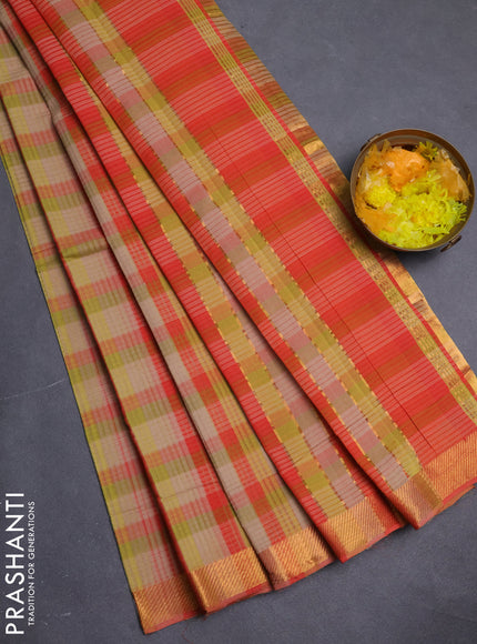 Mangalgiri cotton saree multi colour and orange with allover checked pattern and zari woven border