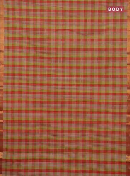 Mangalgiri cotton saree multi colour and orange with allover checked pattern and zari woven border