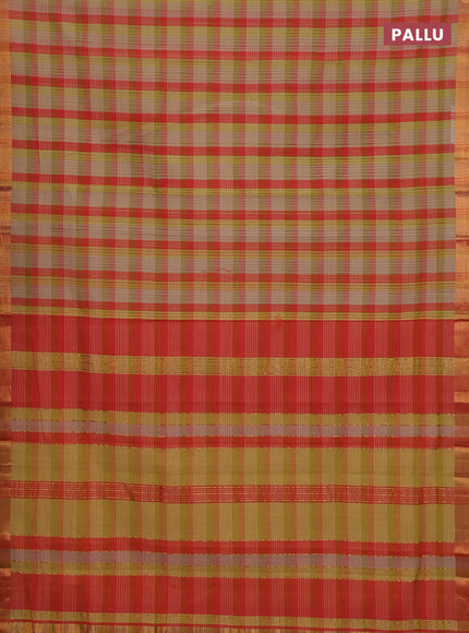 Mangalgiri cotton saree multi colour and orange with allover checked pattern and zari woven border
