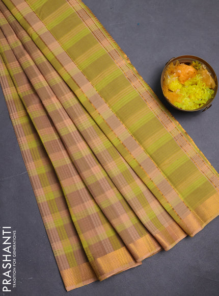 Mangalgiri cotton saree multi colour and pale orange with allover checked pattern and zari woven border