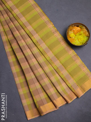 Mangalgiri cotton saree multi colour and pale orange with allover checked pattern and zari woven border