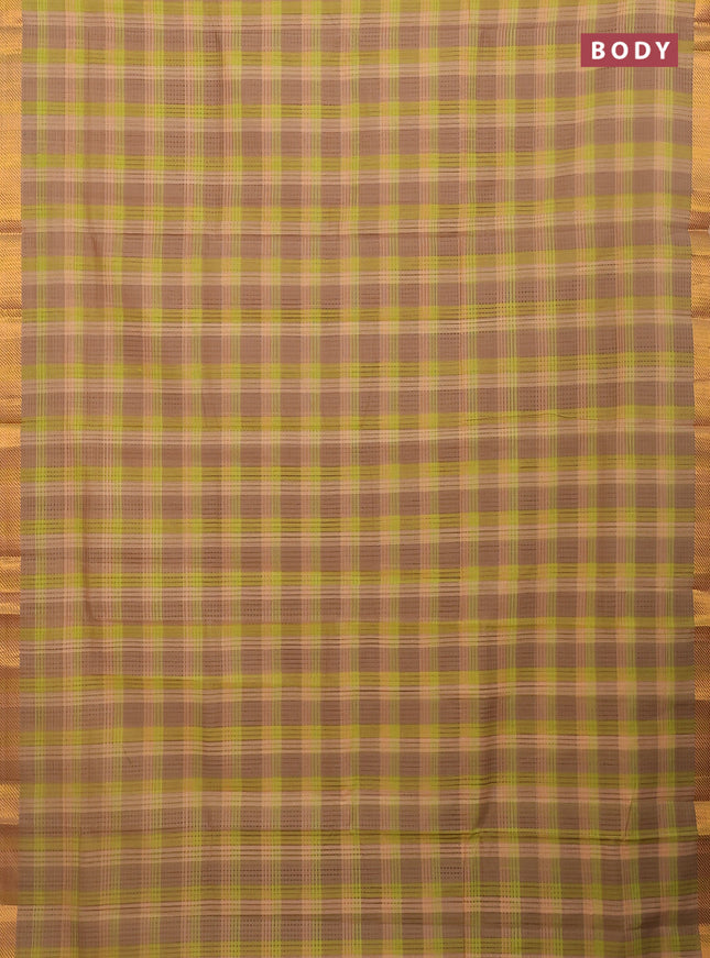 Mangalgiri cotton saree multi colour and pale orange with allover checked pattern and zari woven border
