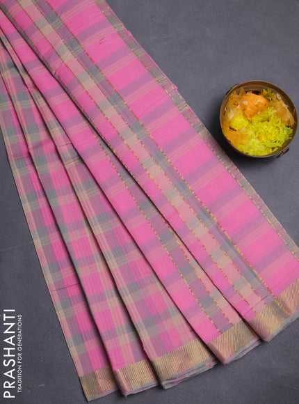 Mangalgiri cotton saree multi colour and light pink with allover checked pattern and zari woven border