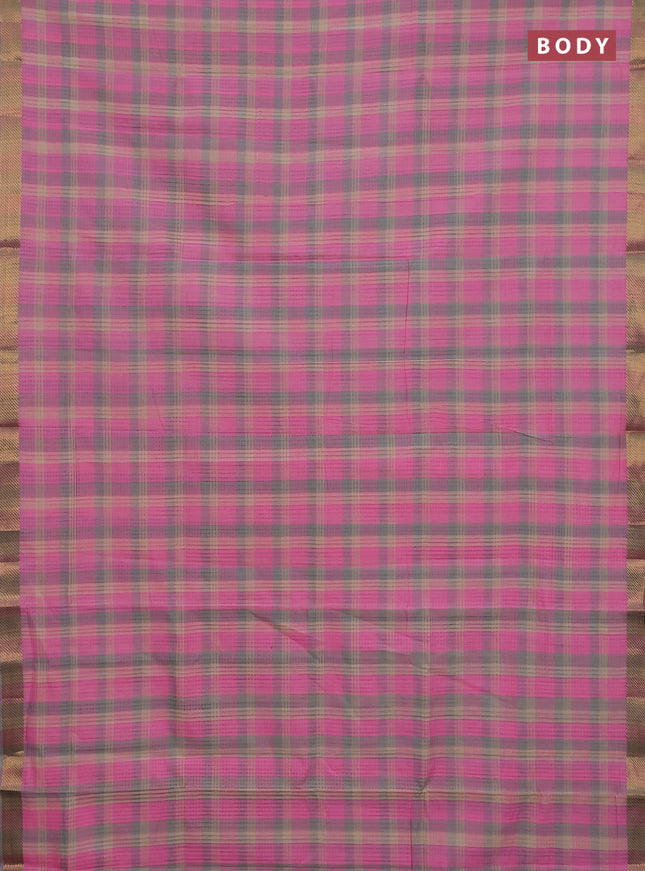 Mangalgiri cotton saree multi colour and light pink with allover checked pattern and zari woven border