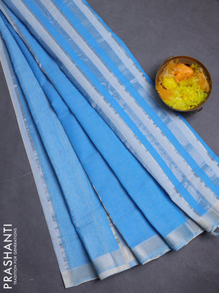 Mangalgiri cotton saree off white and blue with allover silver zari woven stripe pattern and silver zari woven border