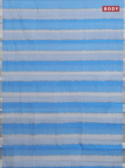 Mangalgiri cotton saree off white and blue with allover silver zari woven stripe pattern and silver zari woven border