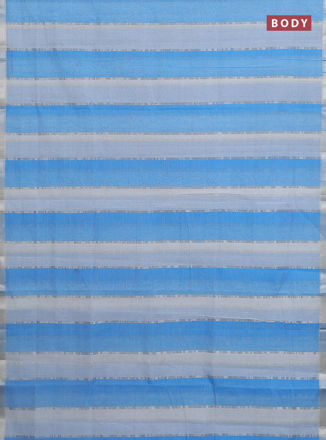 Mangalgiri cotton saree off white and blue with allover silver zari woven stripe pattern and silver zari woven border