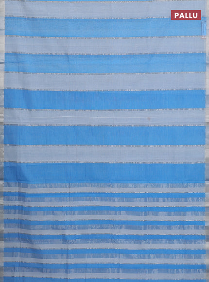 Mangalgiri cotton saree off white and blue with allover silver zari woven stripe pattern and silver zari woven border