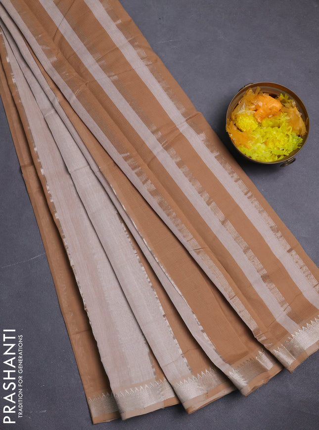 Mangalgiri cotton saree off white and sandal with allover zari woven stripe pattern and zari woven border