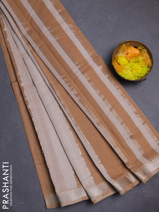 Mangalgiri cotton saree off white and sandal with allover zari woven stripe pattern and zari woven border