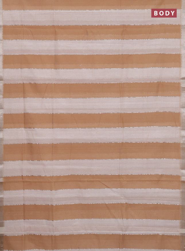 Mangalgiri cotton saree off white and sandal with allover zari woven stripe pattern and zari woven border