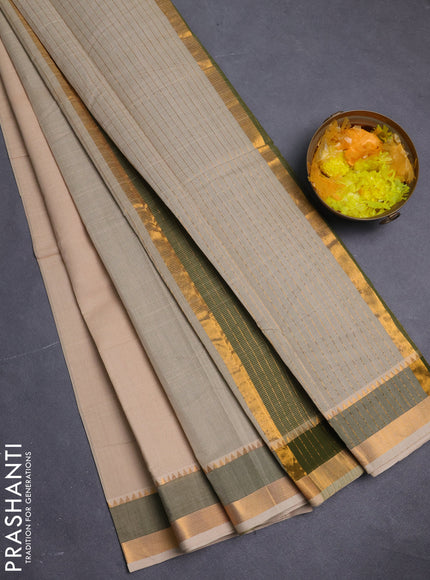 Mangalgiri cotton saree beige and sap green with plain body and rettapet zari woven border