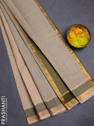 Mangalgiri cotton saree beige and sap green with plain body and rettapet zari woven border