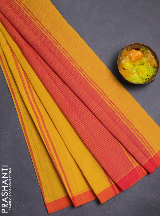 Mangalgiri cotton saree yellow and orange with stripe pattern and simple border