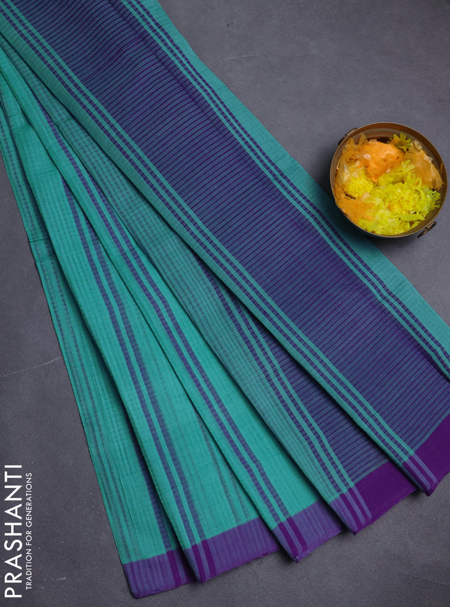 Mangalgiri cotton saree teal blue and violet with stripe pattern and simple border