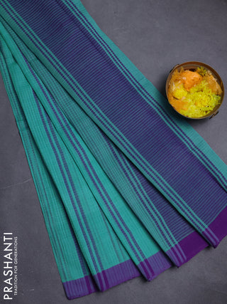 Mangalgiri cotton saree teal blue and violet with stripe pattern and simple border