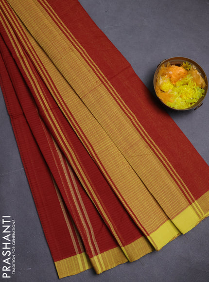 Mangalgiri cotton saree rustic brown and yellow with stripe pattern and simple border