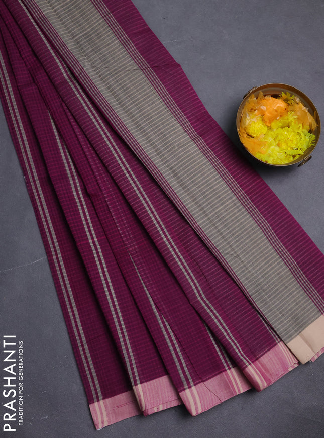 Mangalgiri cotton saree pueple and beige with stripe pattern and simple border