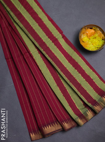 Mangalgiri cotton saree maroon and green shade with allover stripe pattern and temple zari woven border