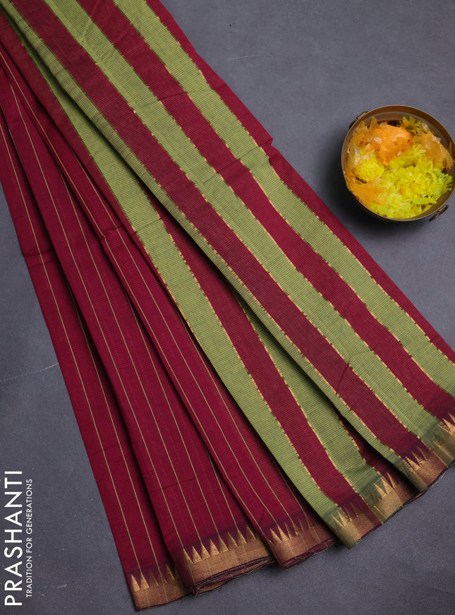Mangalgiri cotton saree maroon and green shade with allover stripe pattern and temple zari woven border