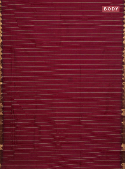 Mangalgiri cotton saree maroon and green shade with allover stripe pattern and temple zari woven border