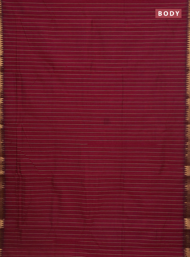 Mangalgiri cotton saree maroon and green shade with allover stripe pattern and temple zari woven border