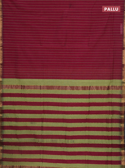 Mangalgiri cotton saree maroon and green shade with allover stripe pattern and temple zari woven border