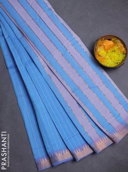Mangalgiri cotton saree teal blue and lavender with allover stripe pattern and temple zari woven border