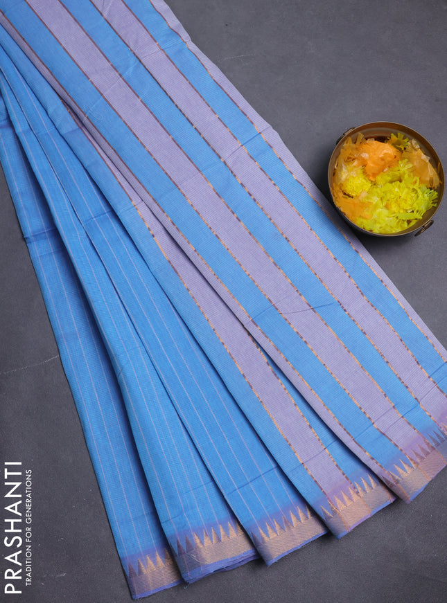 Mangalgiri cotton saree teal blue and lavender with allover stripe pattern and temple zari woven border